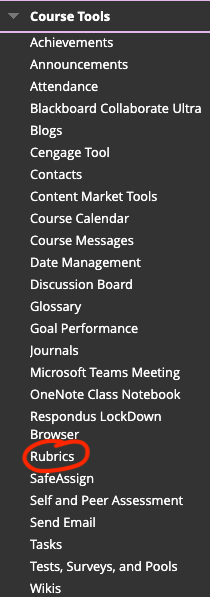 Course tools menu drop down with highlighted rubrics