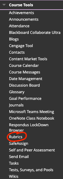 Course tools menu dropdown for rubrics