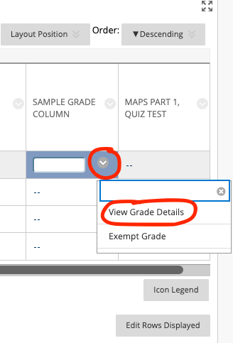 grade column drop down menu for view grade details