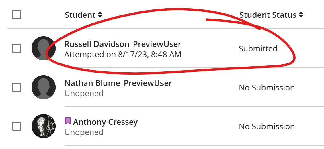 student list with name circled that has a submission date and submitted in the submission status column