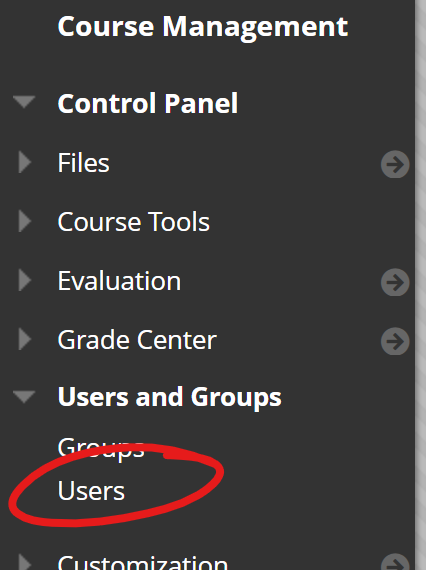 Control panel section, Users and Groups expanded, Users highlighted