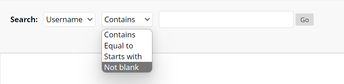 Search fields with middle drop-down expanded, NOT BLANK highlighted