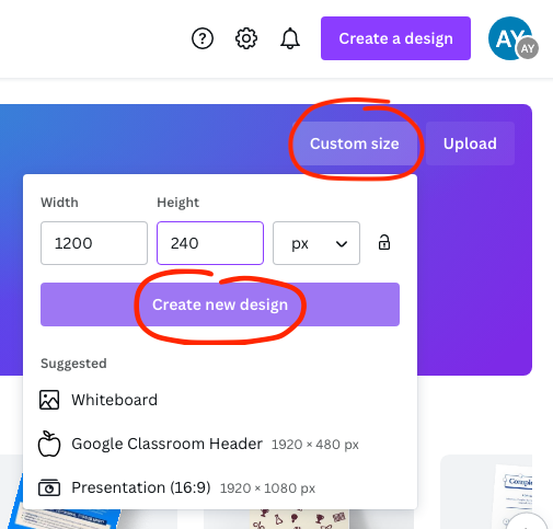 Custom size and create new design buttons