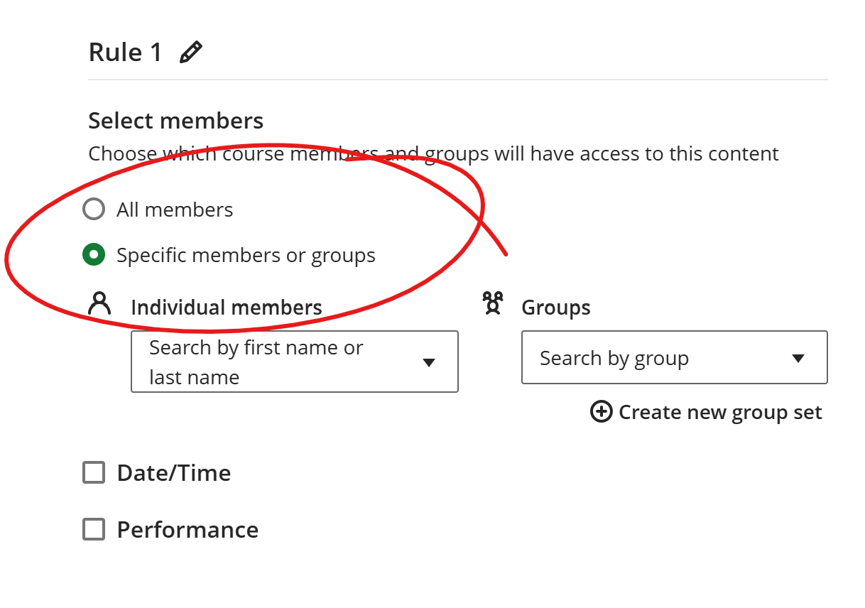 Rule section of page, Specific members option circled