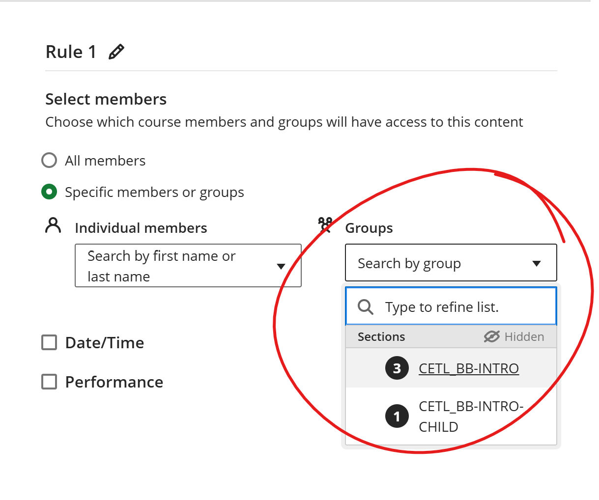 Rule section of page, Groups menu opened and circled