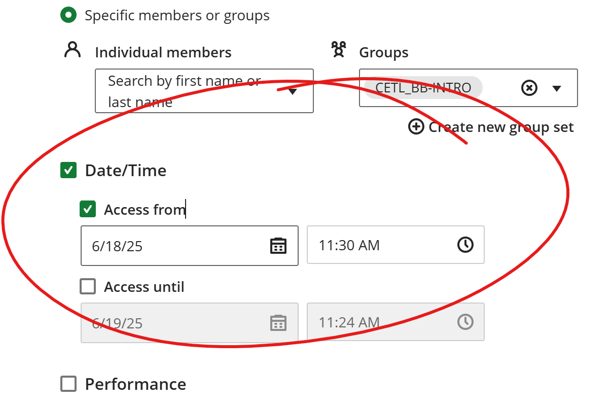 Date time section of rules pane, circled.
