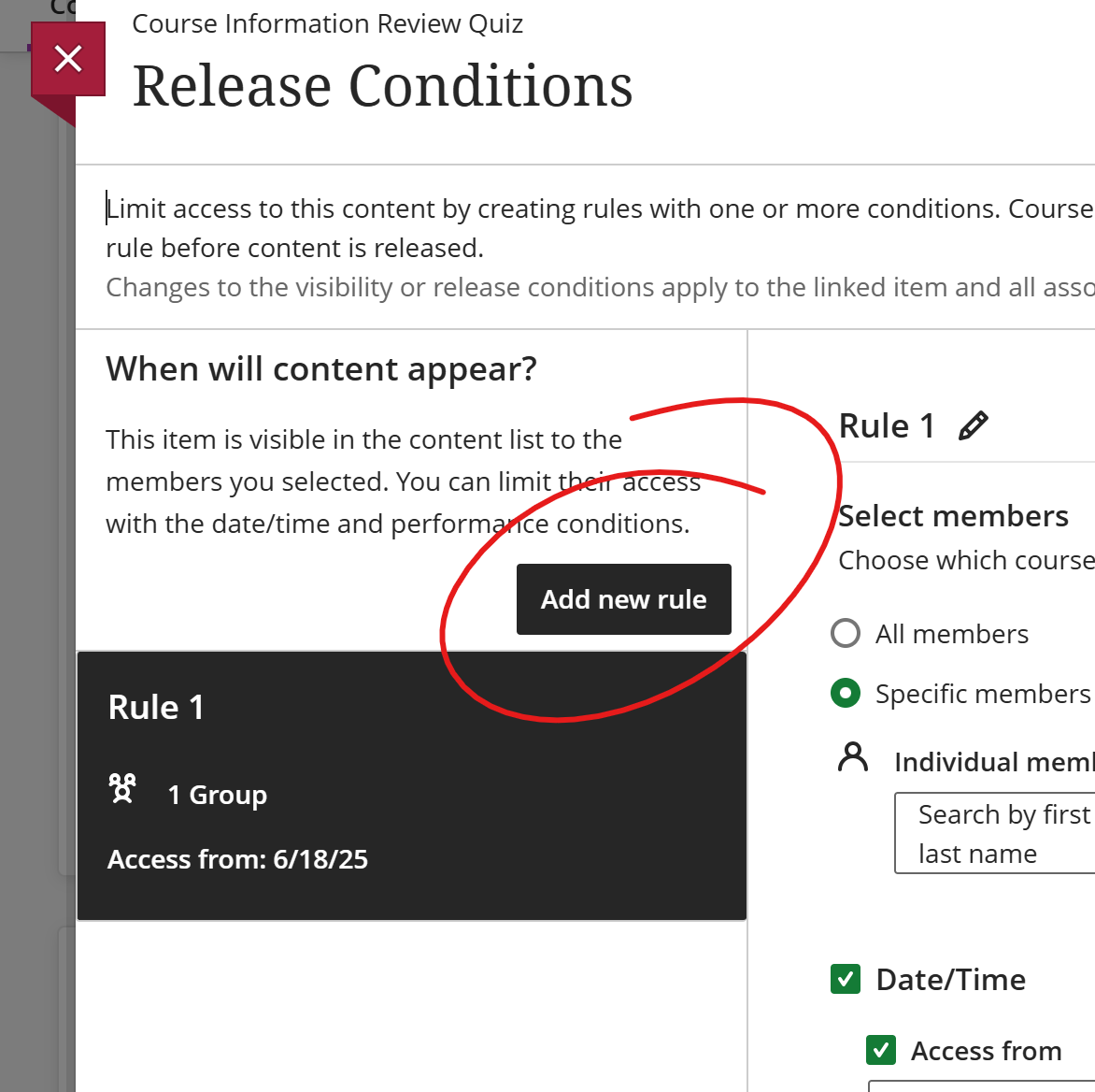 broader view of rules page, add new rule button circled