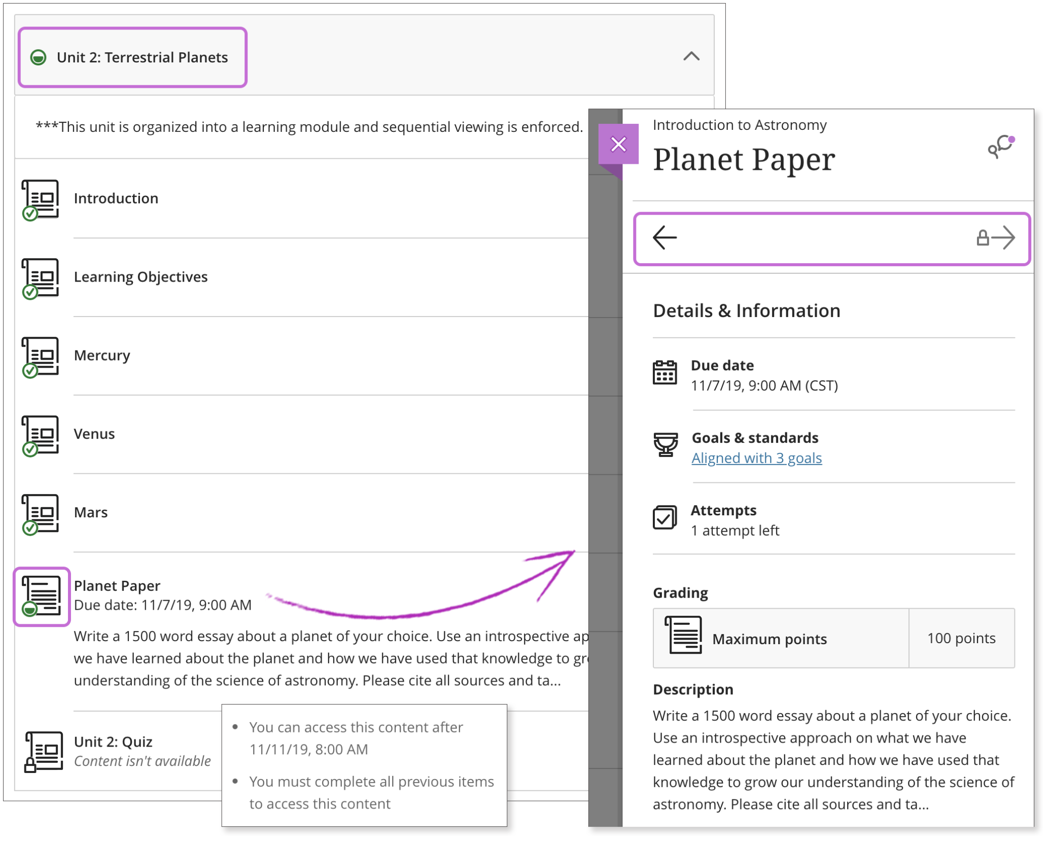 Learning module view with popout window and arrows to advance