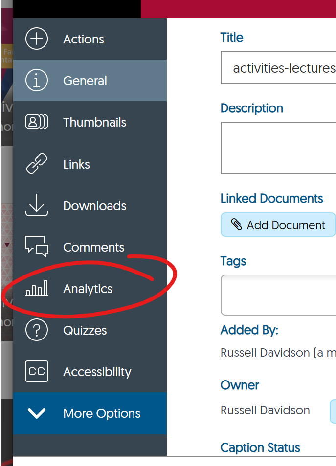 video menu with analytics highlighted