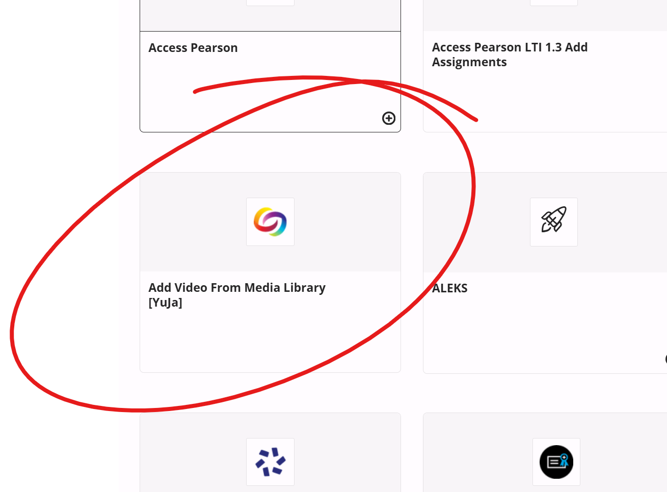 Add video from Media Library YuJa button in context, circled