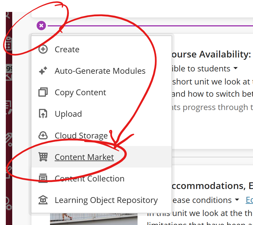 add to menu with content market circled