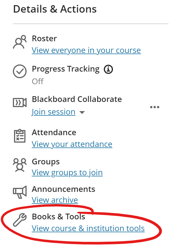 Details & Actions menu with View course & institution tools selection highlighted