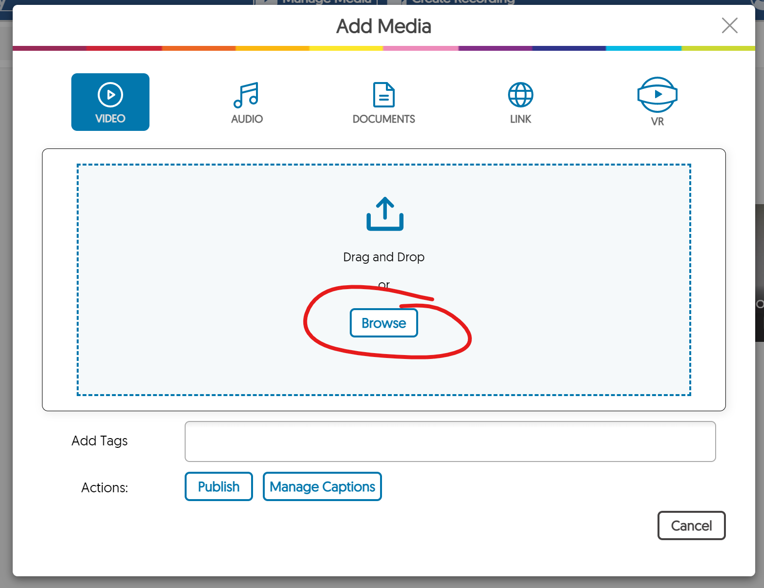 image of add media window with browse button highlighted