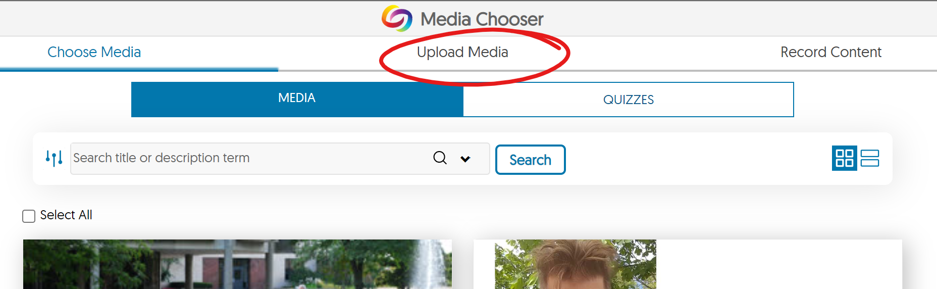Top of Media Chooser window with Upload Media selection highlighted