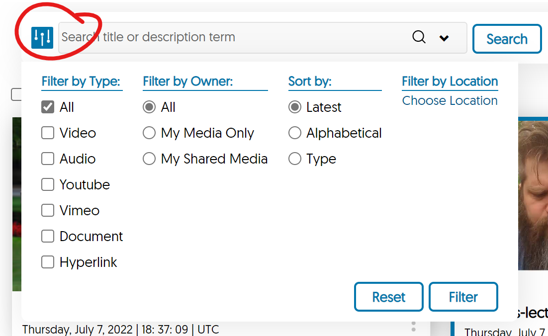Media Chooser filters with filter button highlighted