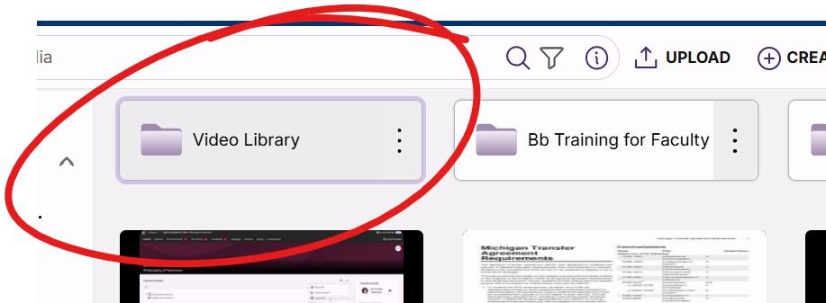 top of media page, video library folder is highlighted and circled, another folder is not (for comparison)
