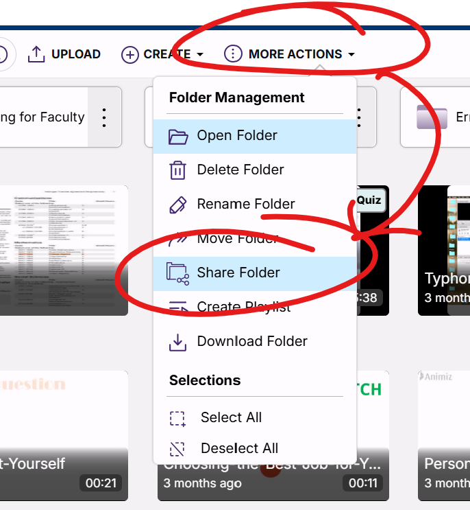 more actions menu opened, share folder option circled