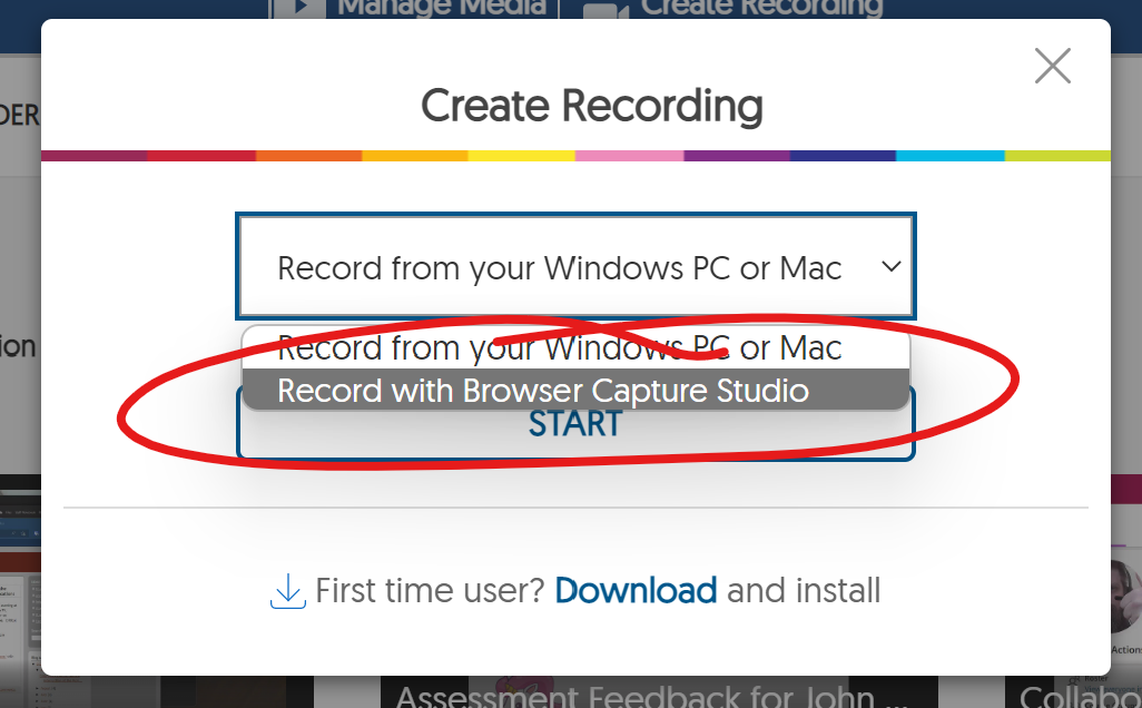 Create Recording window, menu open, record with Browser Capture Studio highlighted