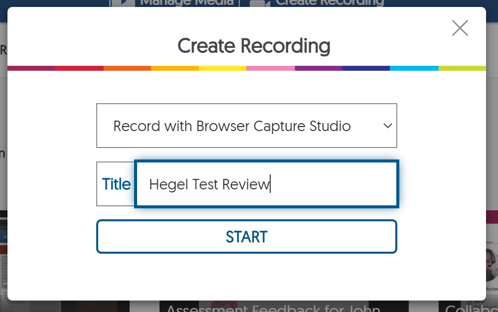 Create Recording window with Browser Capture Studio selected