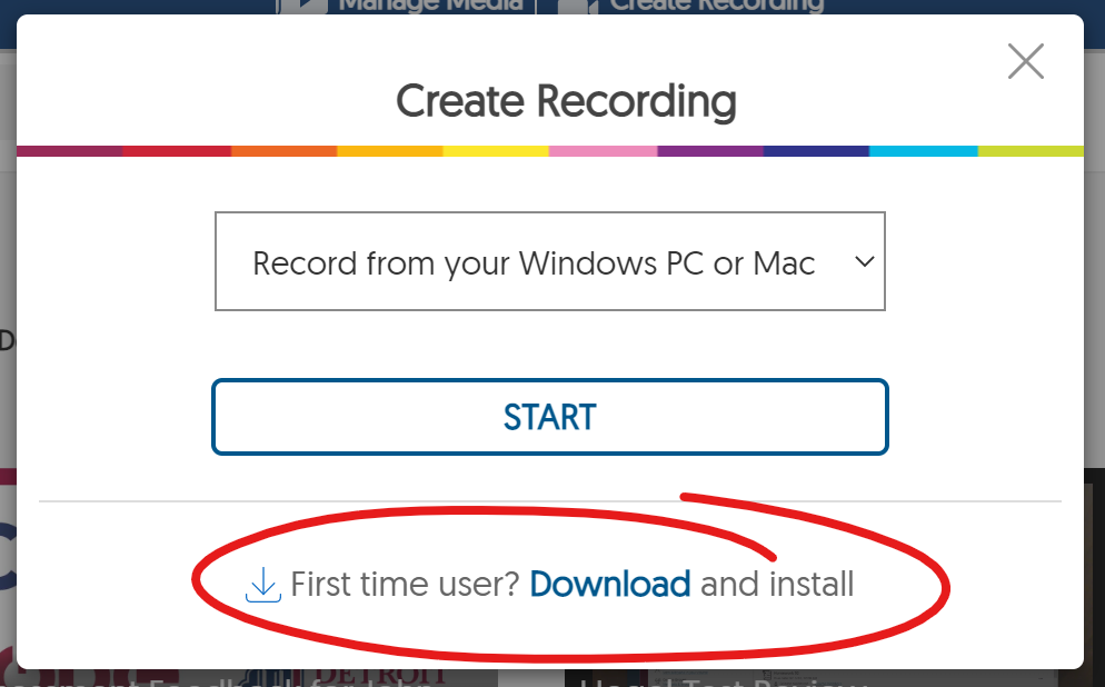 Create Recording window, download button highlighted