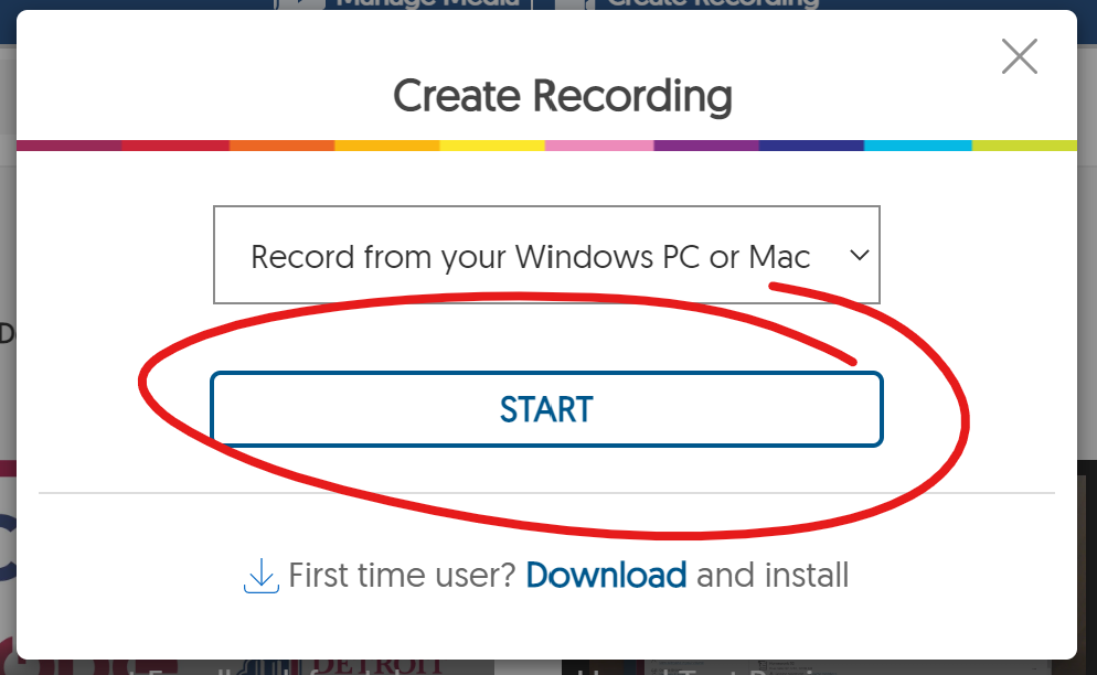 Create Recording window, start button highlighted