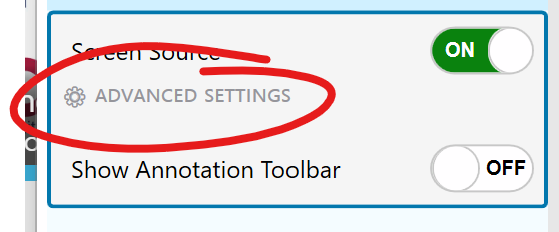 Screen source menu, advanced settings highlighted