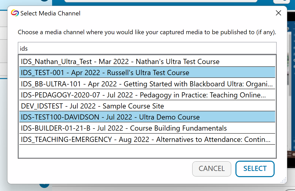 select media channel window, two items selected, ids searched