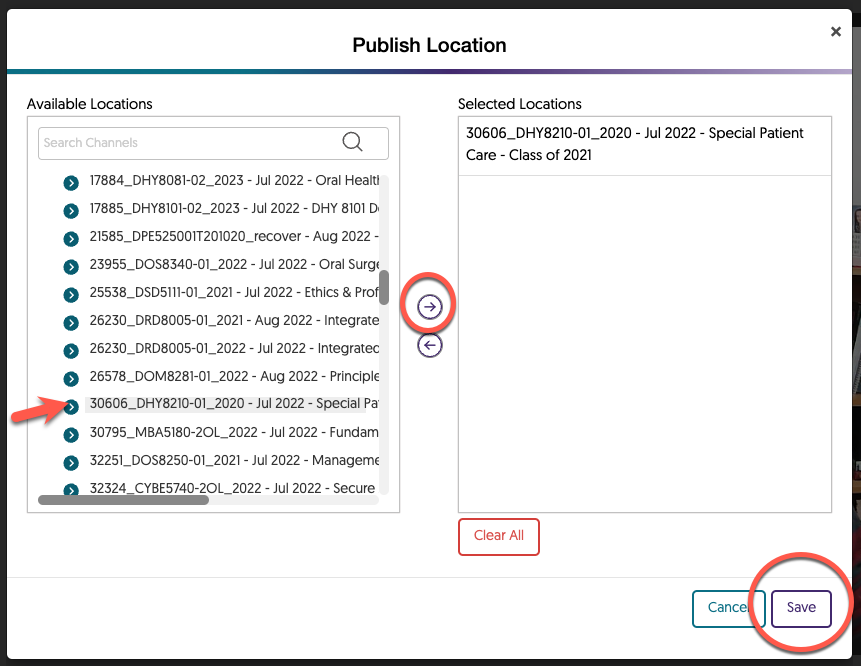 Screencap of popup window used to select courses for publishing in browser capture.