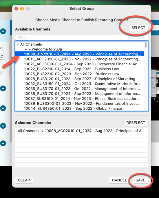 Screencap of popup window used to select courses for publishing in desktop capture.