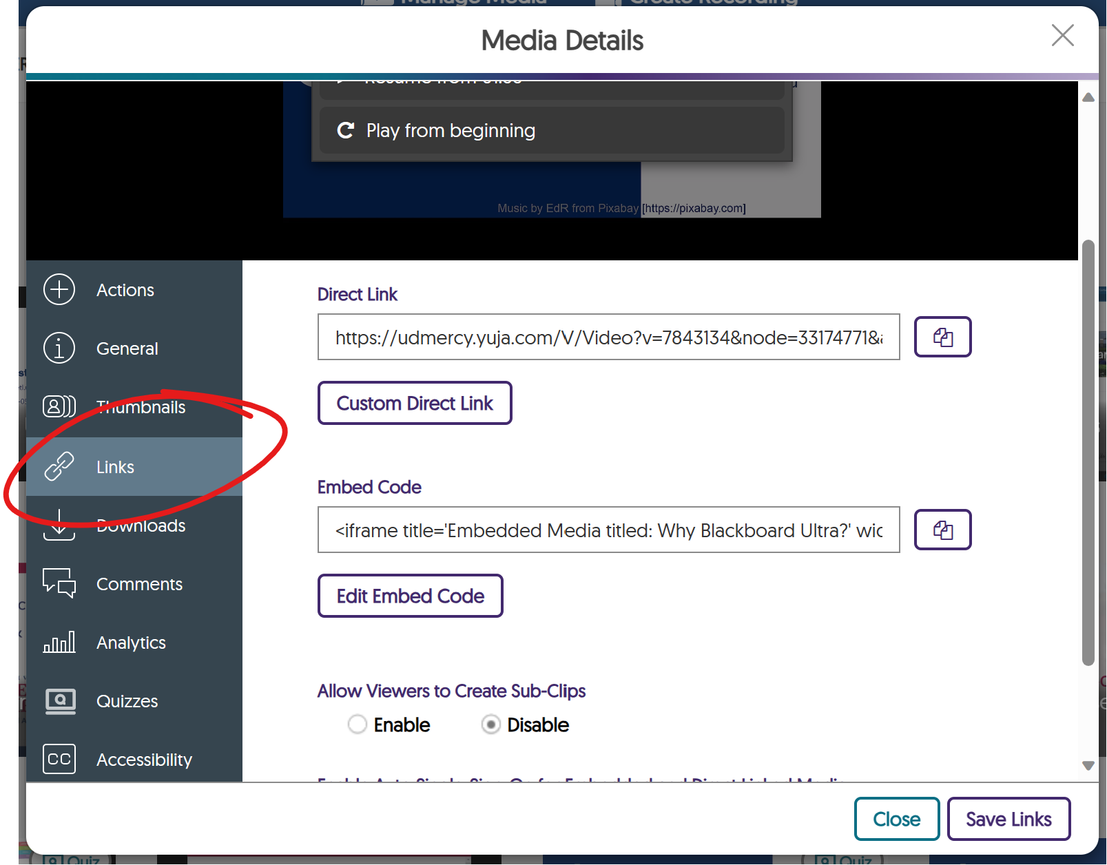 Media Details menu, LINKS circled.