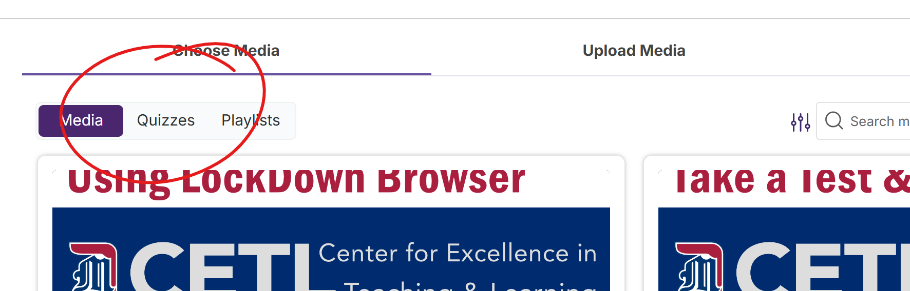 Top of media chooser, Quizzes button circled in red