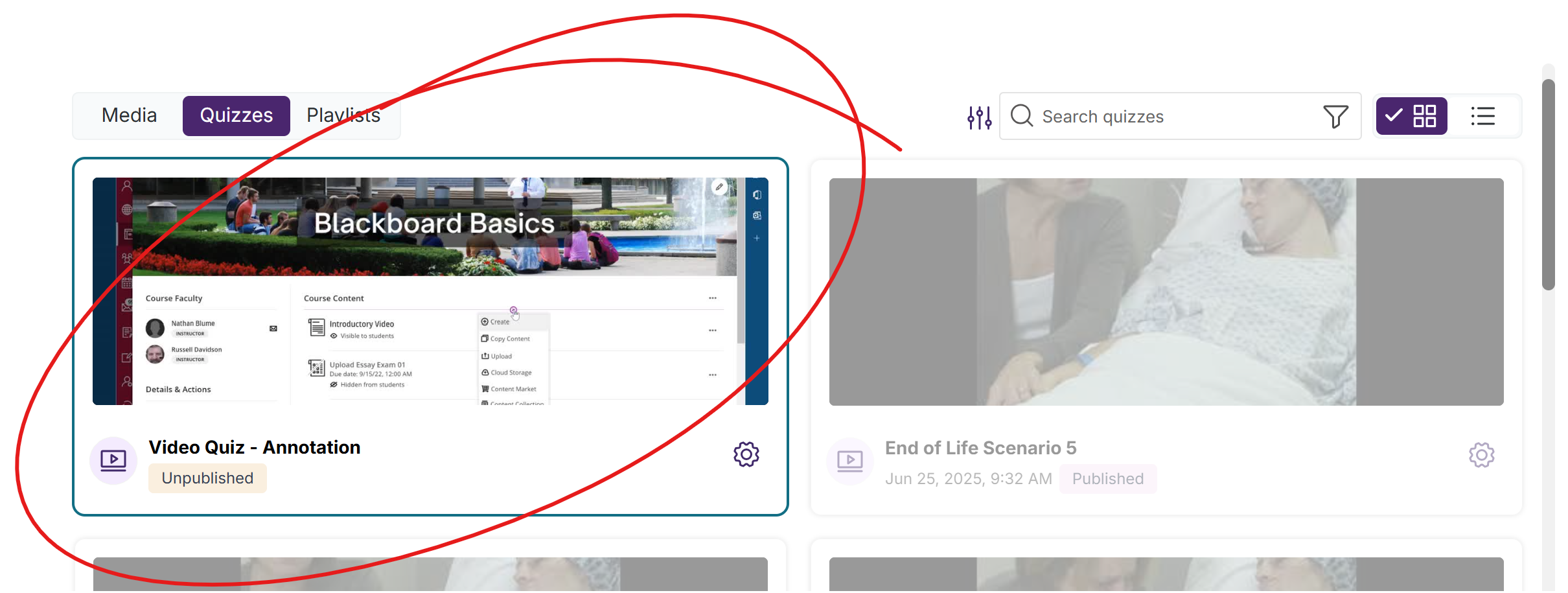 quiz picker thumbnail view, with video circled