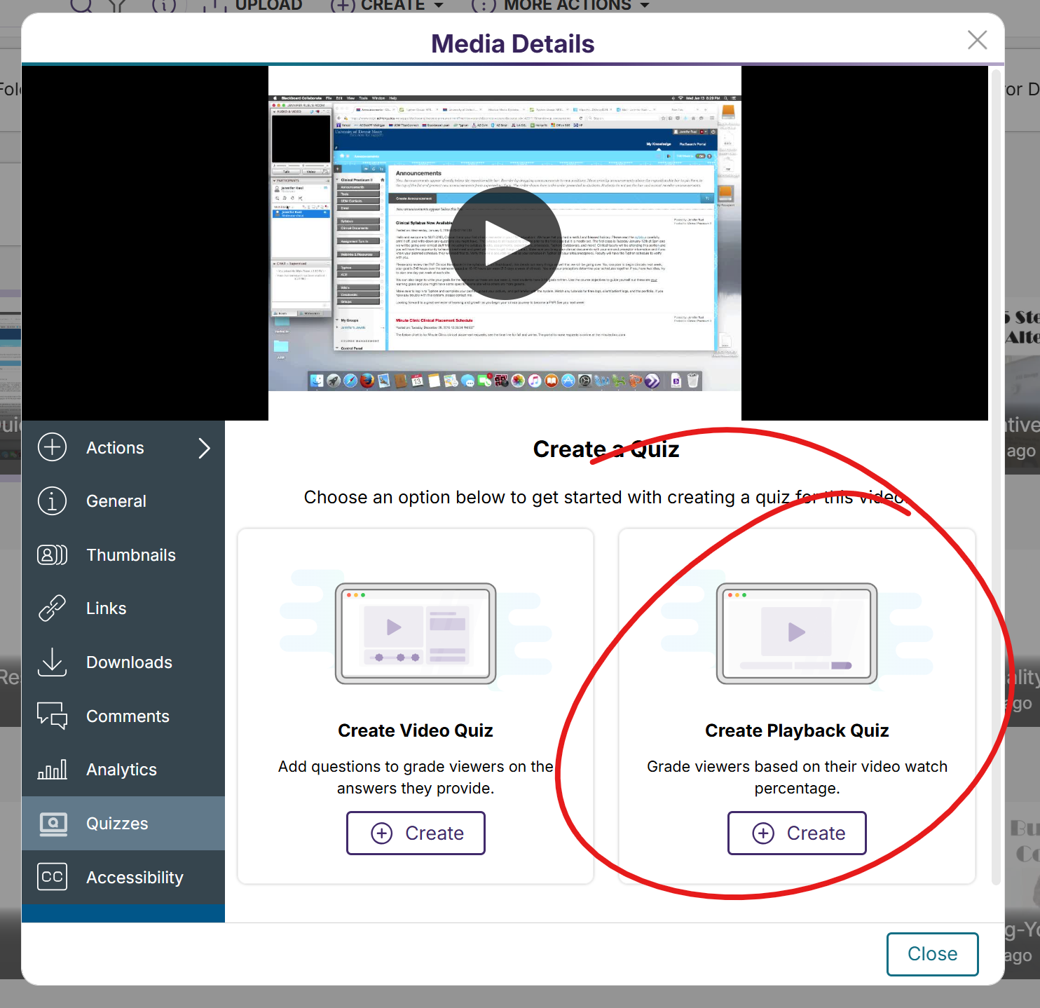 Screenshot of Yuja video Quizzes page, playback quiz circled
