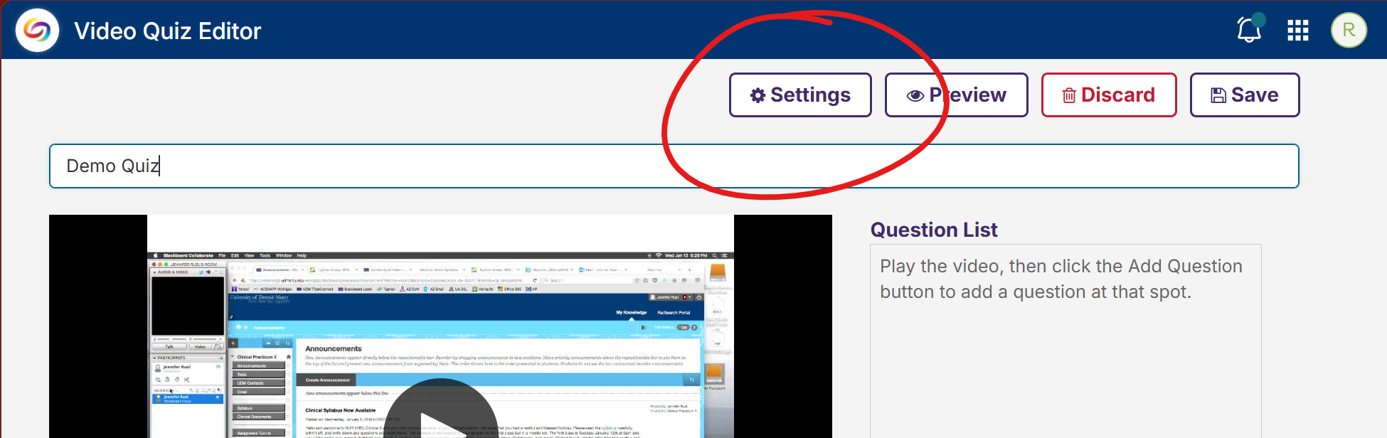 Top of quiz editor page, Settings button circled