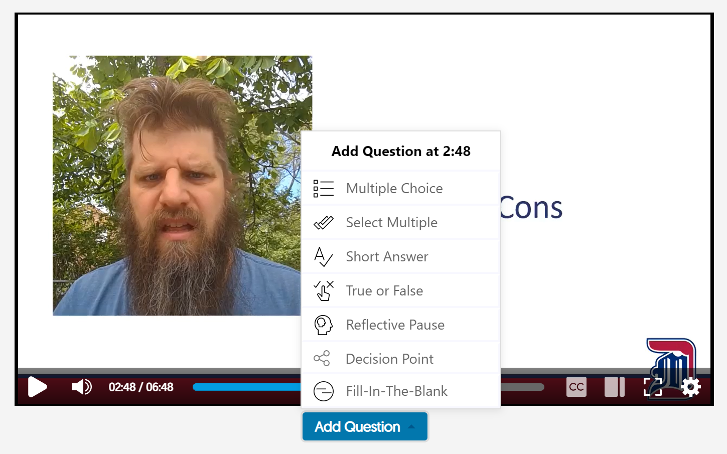 video preview advanced to 2:48, add question menu opened with question types displayed