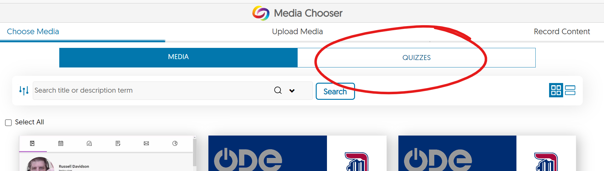 Top of Media Chooser window, Quizzes button highlighted