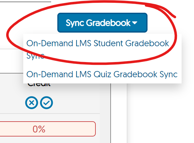 Sync Gradebook menu, on-demand student gradebook sync highlighted