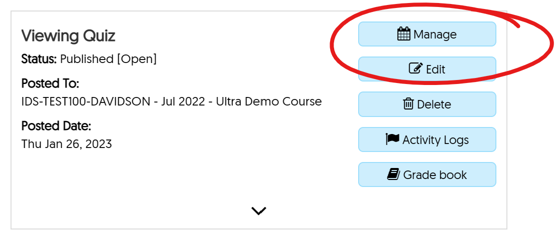 quiz box with MANAGE button highlighted