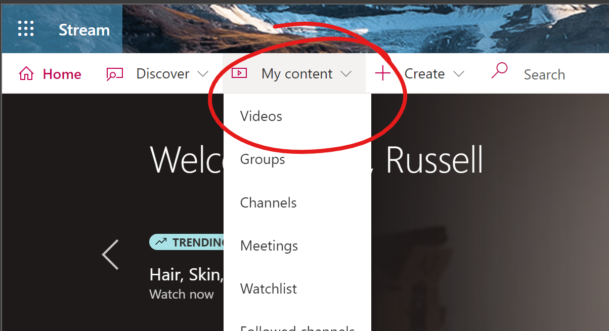 MY CONTENT menu, videos highlighted