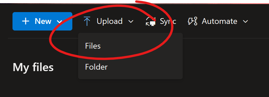 Upload button clicked, FILES option highlighted