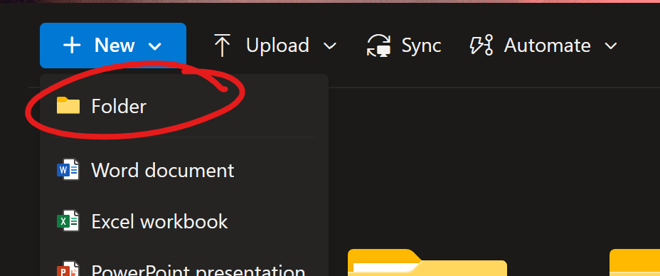 New menu, folder highlighted