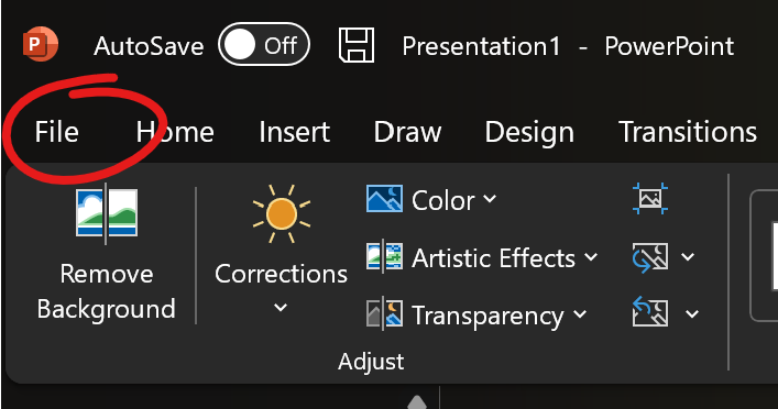 PowerPoint Toolbar, FILE highlighted