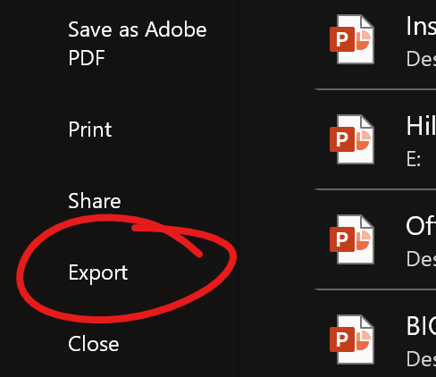 File menu excerpt with EXPORT highlighted