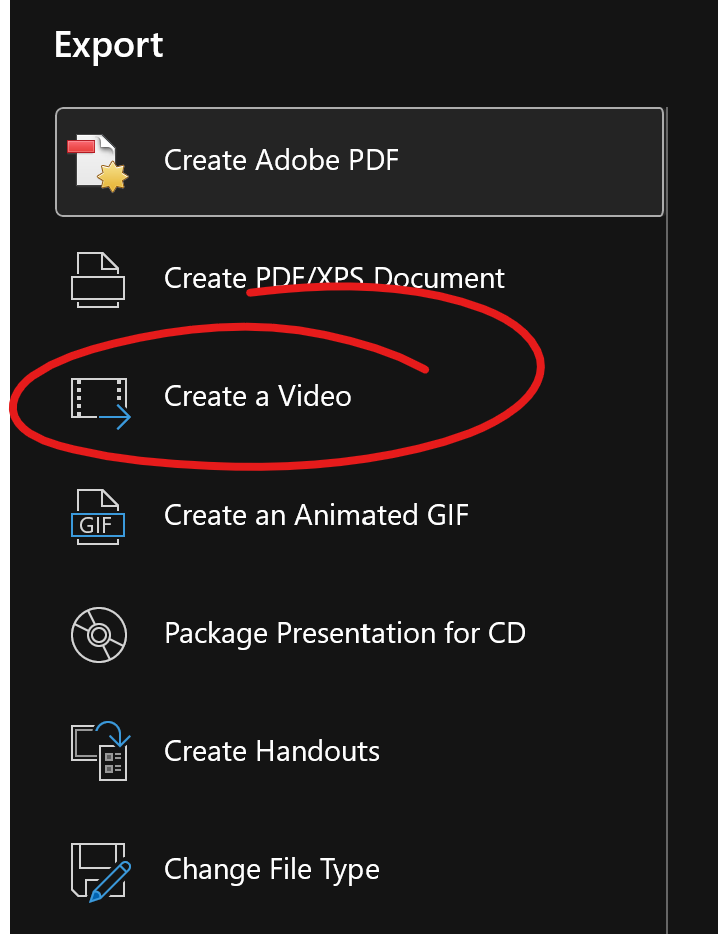 EXPORT menu with CREATE A VIDEO highlighted