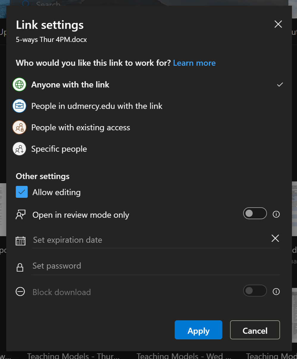 Link settings pane