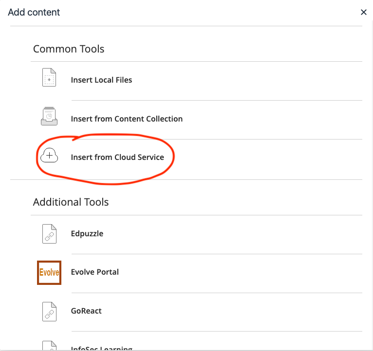 insert from cloud service list option