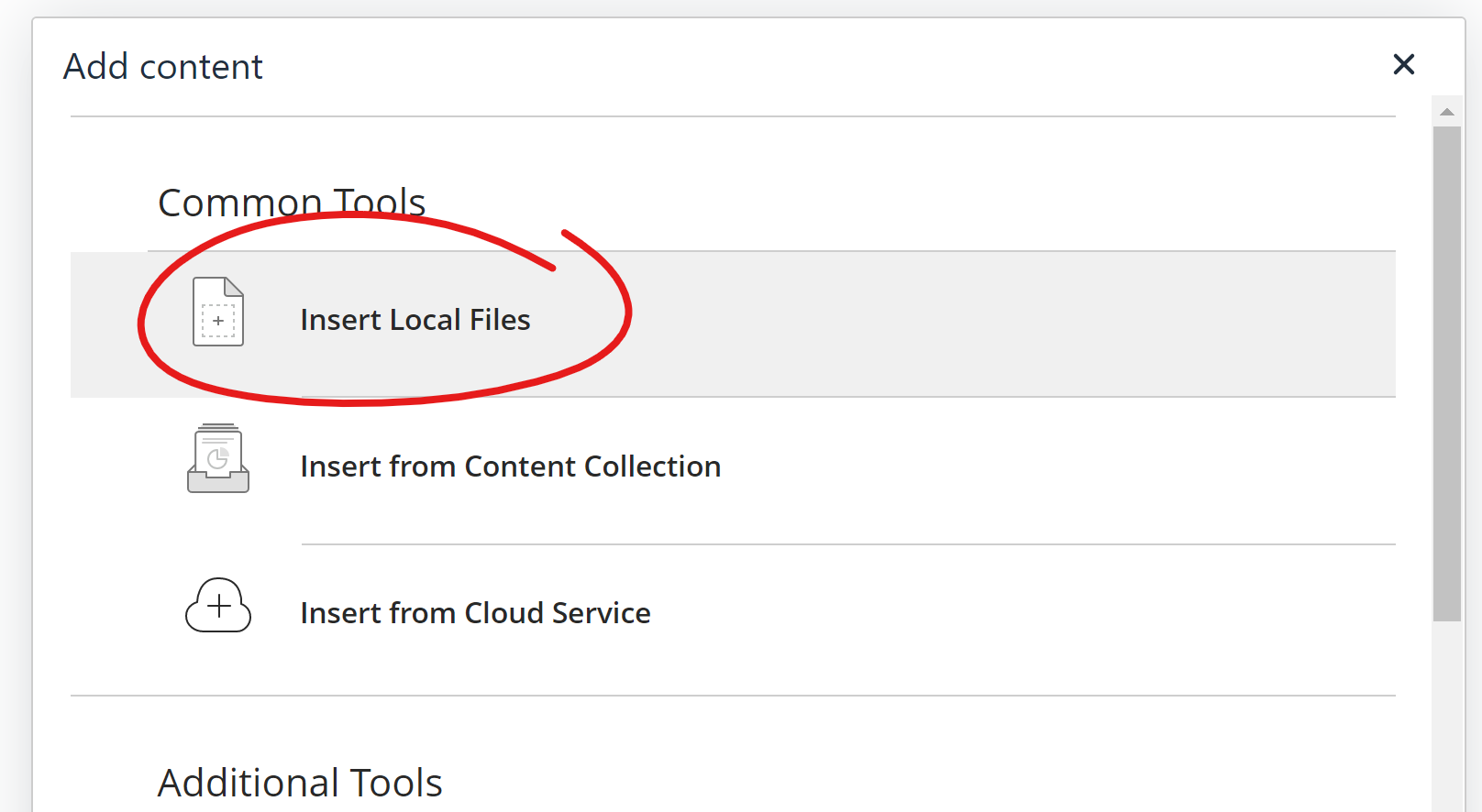 add content menu, common tools section, insert local files highlighted