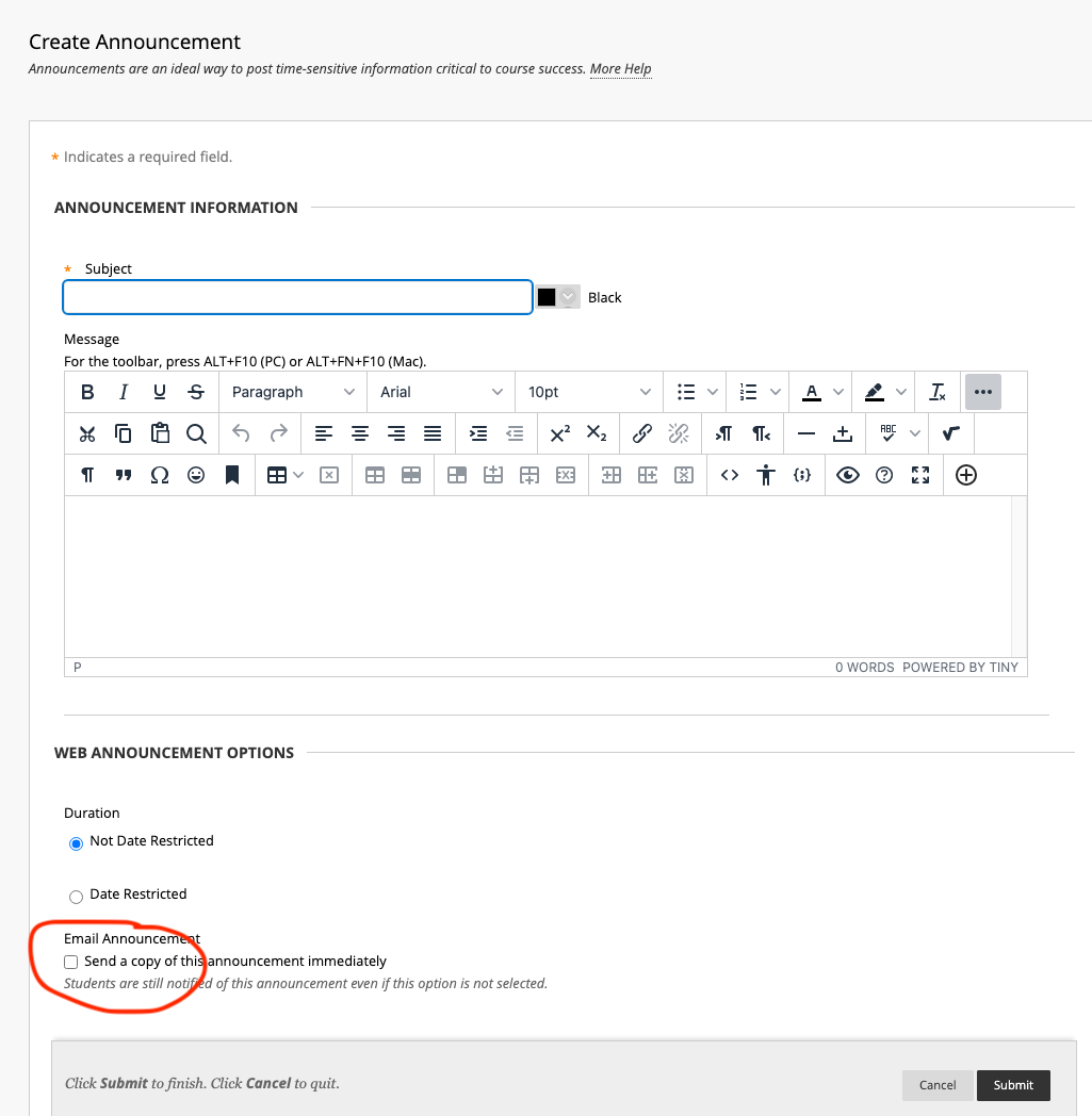 Compose announcement window with Email Announcement selection option