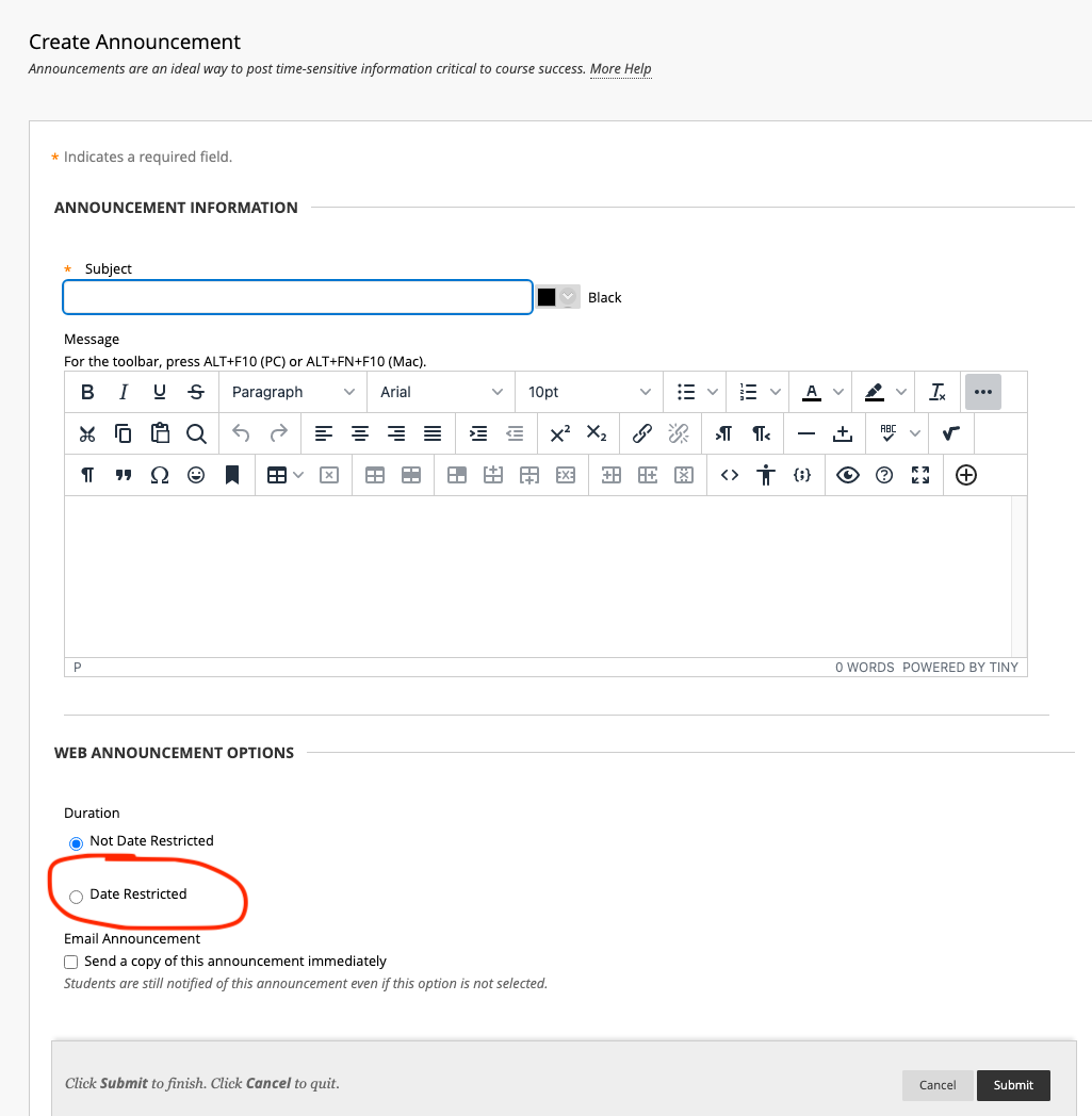 Compose announcement window with date restriction selection option