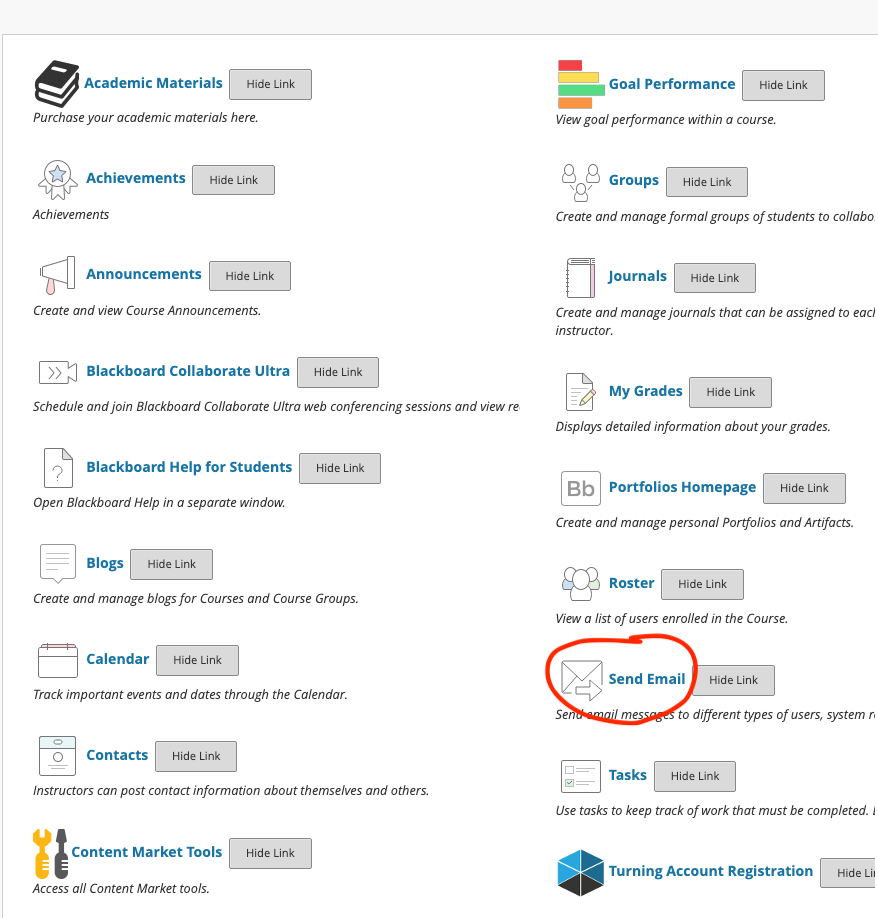 Course tools send email selection button